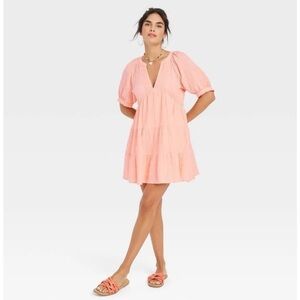 Universal Thread Puff Sleeve Tiered Mini Dress coral NWOT XS